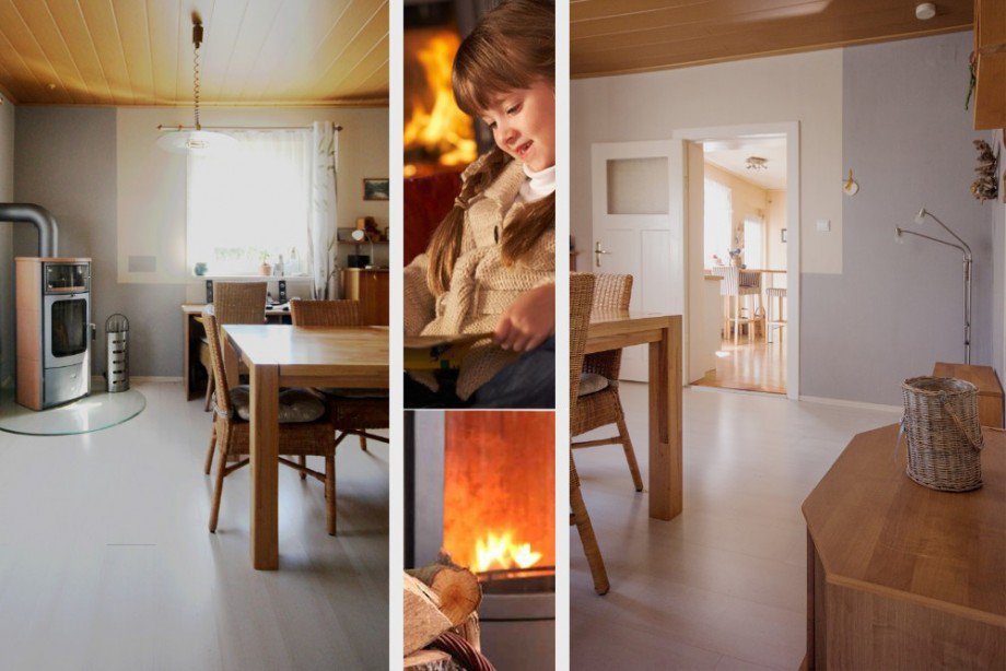 Collage Esszimmer mit Kaminofen Einfamilienhaus Blankenfelde-Mahlow