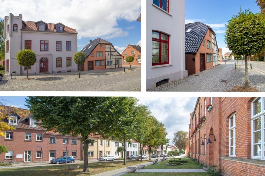 Collage Stra�enansicht & Nachbarschaft Reihenmittelhaus Plau am See