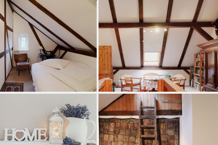 Collage kleines Schlafzimmer im DG Bauernhaus Vollrathsruhe / Hallalit