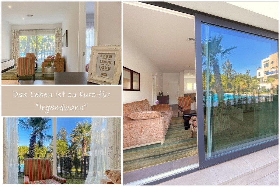 Wohnzimmer mit Poolblick Erdgeschosswohnung Oliva